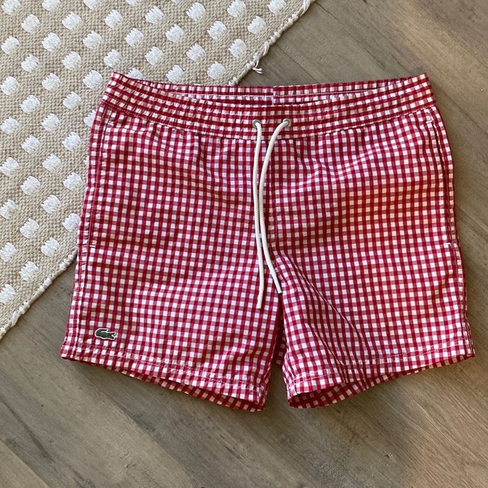 Men's Red Taffeta Gingham Swim Short 5"